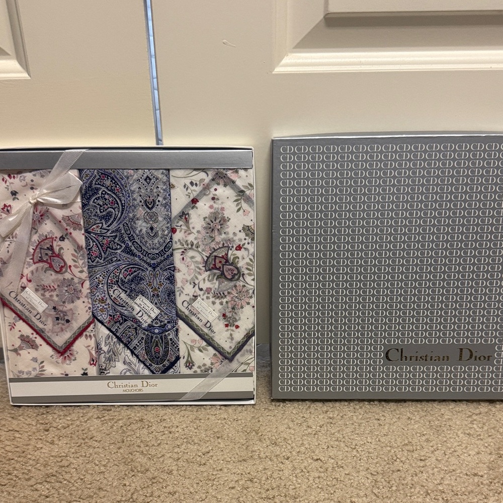 Dior Floral & Paisley Handkerchief Trio — Cream, Blue, Pink